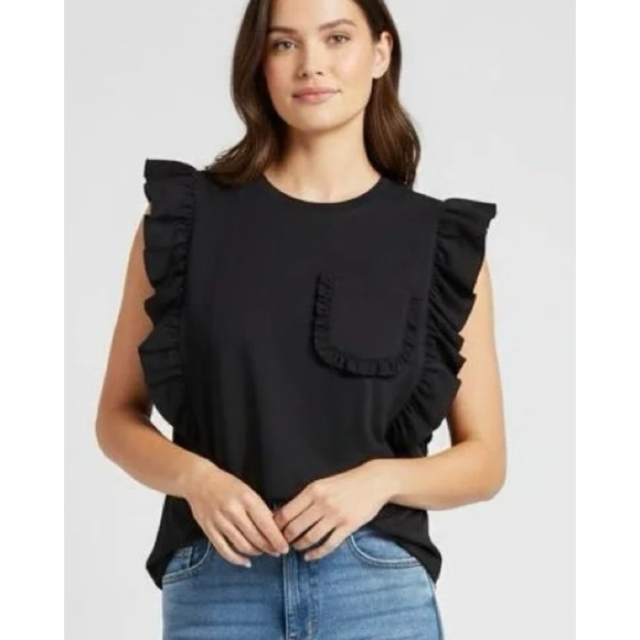 DREW Tops - Anthropologie DREW Top Womens X Small Black Ruffle Pocket Short Sleeve T‎ Shirt